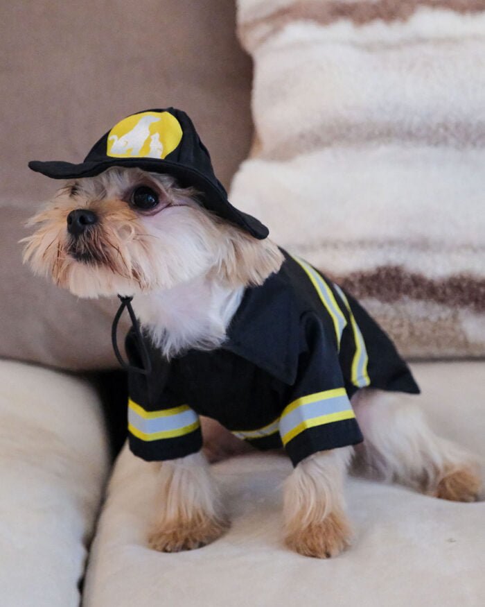 Reflective strips on Firefighter Pet Costume for visibility and safety.